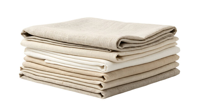 Stack of folded beige and cream linen fabric cloths on a flat surface