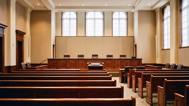 Empty courtroom with wooden benches and judge's bench, representing justice and the legal system in an official setting