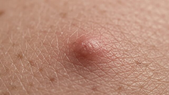 Close up of an insect bite on human skin, showing redness and swelling, medical macro detail
