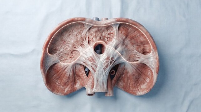 3D anatomical rendering of the human diaphragm muscle viewed from below