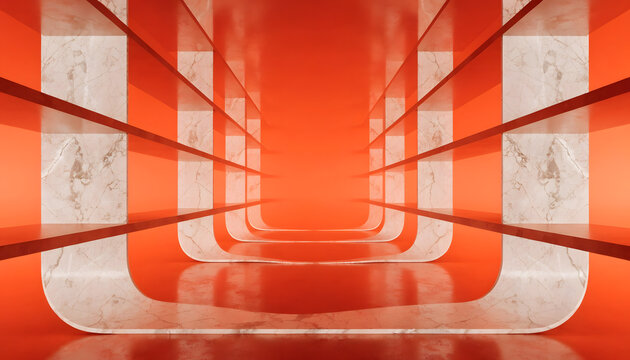Futuristic orange tunnel with curved marble shelving. Modern luxury showroom and product exhibition interior. Symmetrical empty display shelves extending into a bright glowing hallway