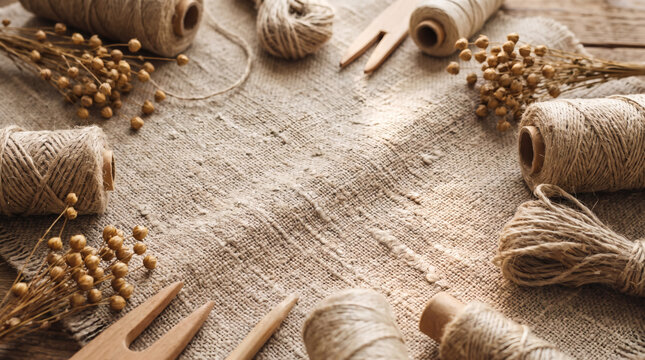 Macro flat lay of coarse raw unbleached natural linen fabric with organic flax fibers