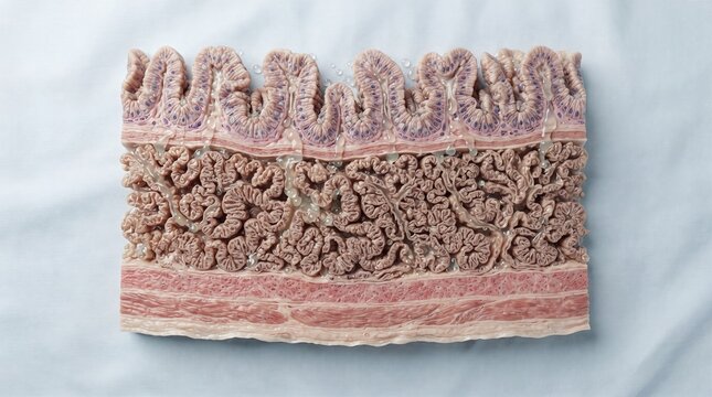 Microscopic 3D cross-section anatomy of the stomach wall or intestinal tissue layers