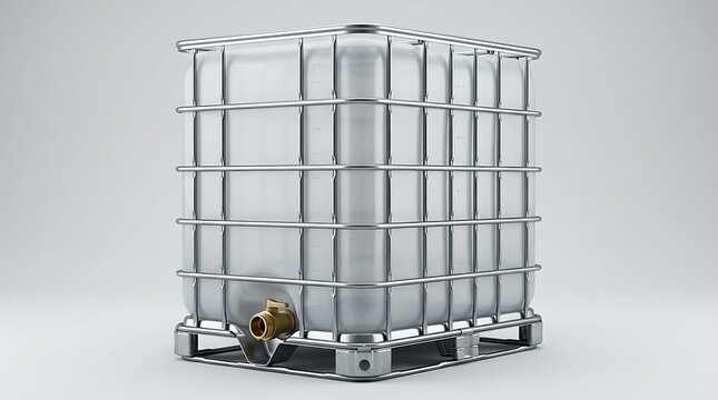 Large plastic water tank container with metal cage frame on wooden pallet for industrial storage use. ibc container