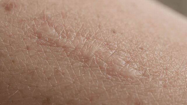 Extreme closeup of healed scar tissue on human skin, detailed texture and pores visible, macro shot of dermal injury and healing process