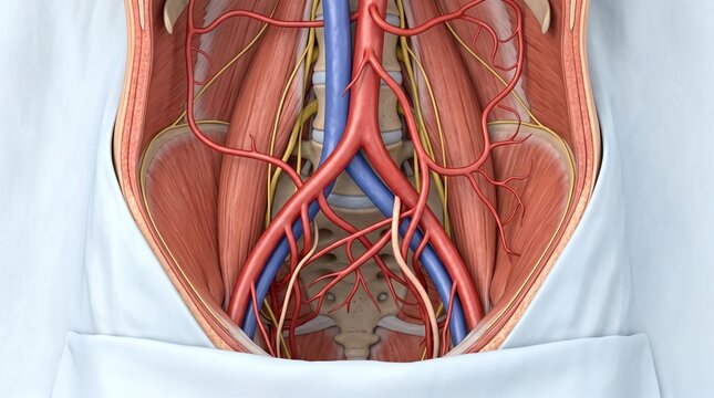 3D anatomical illustration of the posterior abdominal wall muscles, blood vessels, and pelvic cavity