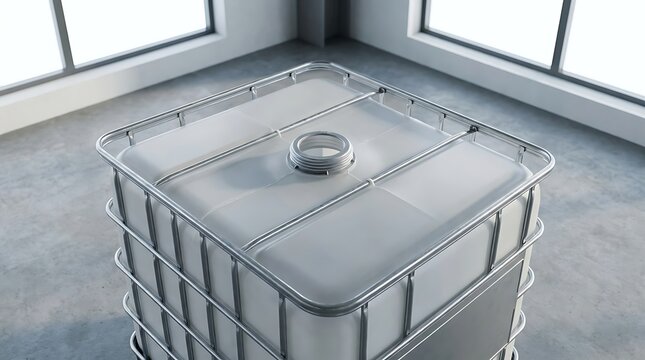 Large industrial plastic tank with metal cage frame for chemical storage in a bright warehouse room. ibc container