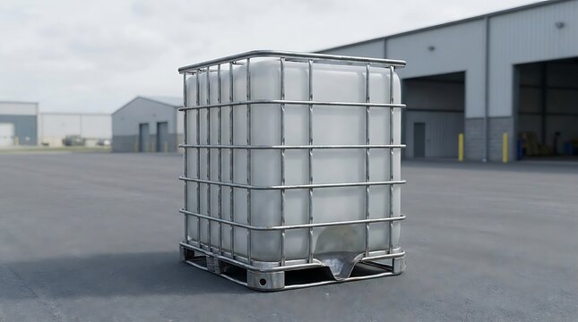 Large plastic water tank container inside a metal cage standing on a wooden pallet in the warehouse yard. ibc container