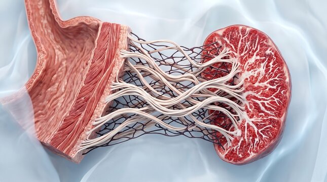 3D medical illustration of the complex vascular connection network between the stomach and spleen