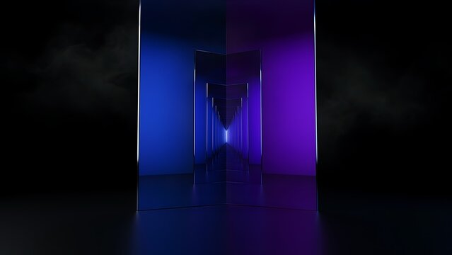 Abstract infinite mirror corridor with glowing blue and purple portal reflection in dark smoky room