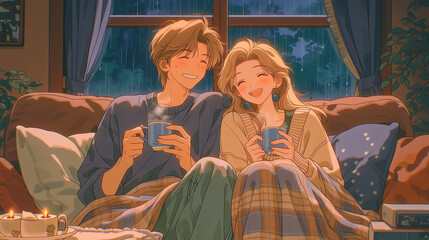 Fototapeta premium Cozy evening with friends, two young adults laughing together on a couch, warm ambiance, perfect for sharing stories.