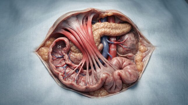 3D anatomical illustration of pancreas and duodenum with Superior Mesenteric Artery and Vein (SMA, SMV)