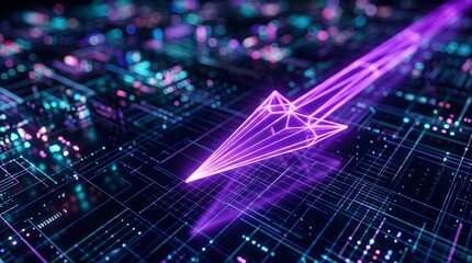 Fototapeta premium Glowing neon arrow pointing forward on a digital circuit board grid