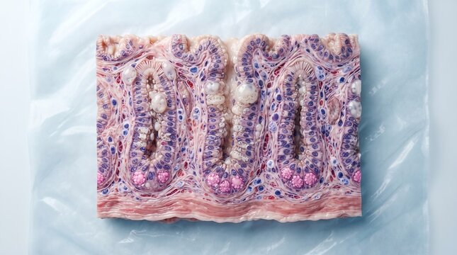 Microscopic 3D illustration of small intestine villi showing goblet cells and capillary networks