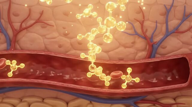 Skin absorbing vitamin D molecules under sunlight, microscopic view of cells and bloodstream, healthy skin regeneration process