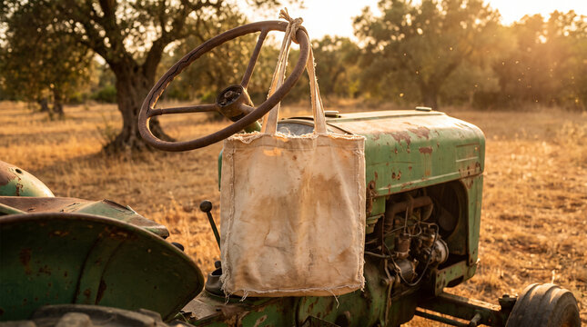 Weathered blank cotton bag mockup on an old green farm tractor during golden hour