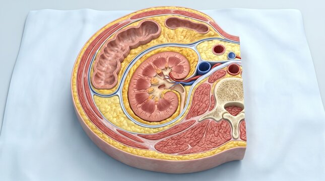 3D anatomical cross-section of the human abdomen showing the right kidney, perirenal fat, and muscles