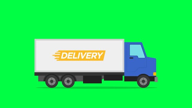 Blue delivery truck with fast shipping logo animation on a green screen background