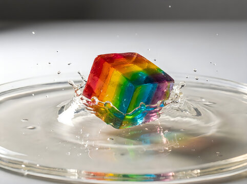 Colorful rainbow gelatin cube dropping into water creating ripples and splashes for refreshing concepts.