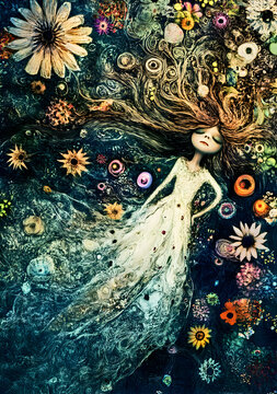 Dreamy Fantasy Woman Surrounded by Flowers and Nature