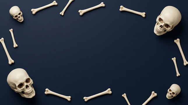 Halloween skull and bone border on dark blue background