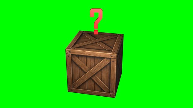 Seamless spinning mystery wooden box isolated on green screen. A spinning wooden box with a question mark moving up and down on top of it.