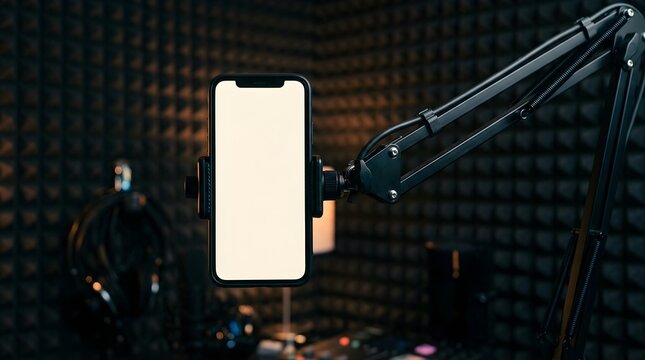 Modern smartphone mounted on an adjustable arm in a recording studio
