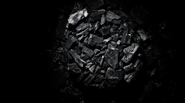 Pile of black charcoal pieces centered on a dark moody background