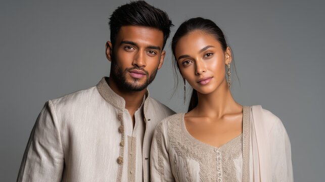 Young Indian Couple Wearing Traditional Outfits Posing for Photo. Fictional Character Created by Generative AI.