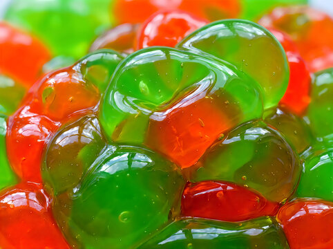 Green and orange gelatinous blobs macro texture for vibrant food and candy design backgrounds.