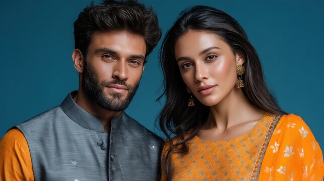 Young Indian Couple Wearing Traditional Outfits Posing for Photo. Fictional Character Created by Generative AI.