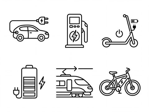 Electric vehicle line icon set with EV car scooter train e-bike and charging station