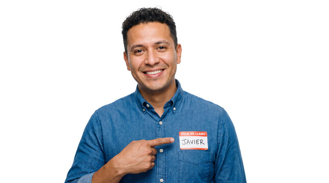 Smiling Hispanic Man Pointing at Hello My Name Is Javier Name Tag Isolated