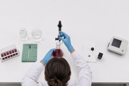Laboratory technician performing wine titration analysis