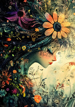 Whimsical Woman with Flowers and Enchanted Nature