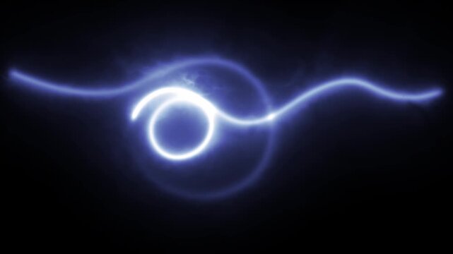 Blue energy spiral wave depicting a glowing plasma line flowing smoothly over a dark background. Features motion graphics. 4K animation loop.