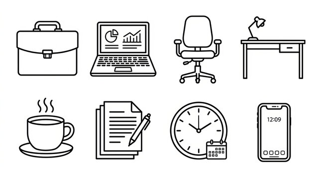 Office Icons: A collection of stylized line art icons representing essential office elements: a briefcase, laptop, chair, desk, coffee cup, documents, clock, and smartphone.