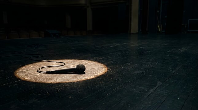Spotlight shines on a wired microphone lying on a dark wooden stage floor inside an empty auditorium