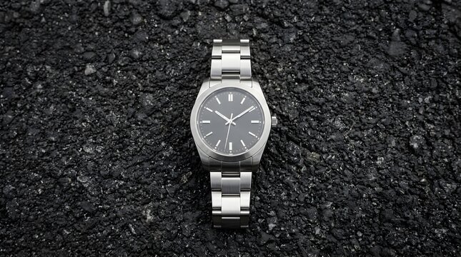 Silver metal wristwatch with dark dial resting on textured asphalt ground