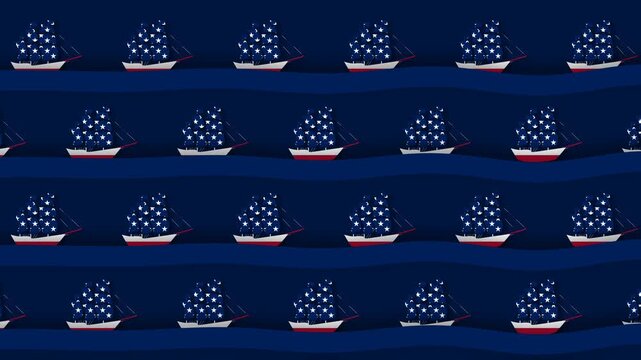 Columbus Day background animation with seamless pattern of sailing ships with American flag sails.