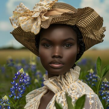Portrait of African Woman in a Field of Flowers Fictional Character Created by Generative AI.