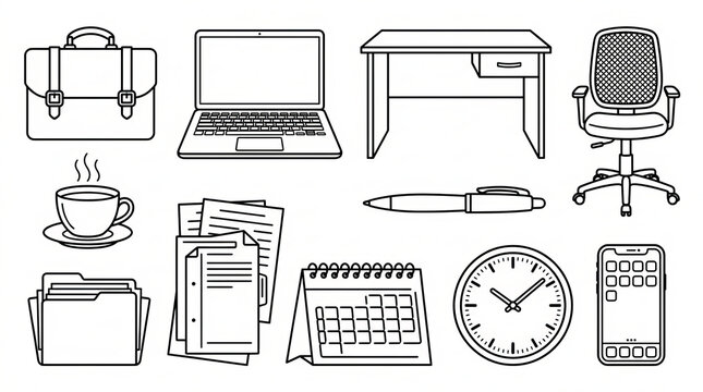 Office Desk Essentials Line Art: A collection of essential office items depicted in clean, modern line art style. This set includes a briefcase, laptop, desk, chair, coffee cup, documents, pen.