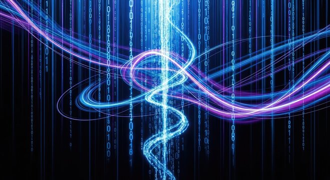 Digital Medical Data Stream With Abstract Light Trails and Binary Code Background