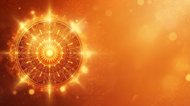 Radiant golden circular mandala pattern with warm glowing light and bokeh background
