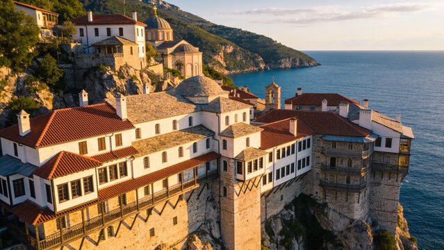 Bird's-eye view of Saint Anna Skete on the mountainous slopes of Mount Athos, featuring historic Orthodox monastic architecture, rocky cliffs, and blue sea beyond.