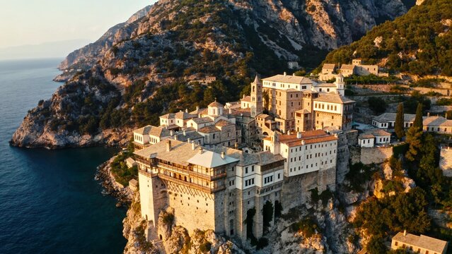 Wide drone panorama of the Holy Skete of Saint Anna, surrounded by rugged cliffs, Mediterranean vegetation, and breathtaking views across the Aegean Sea.