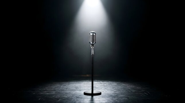 Vintage silver microphone standing on a dark stage under a single spotlight