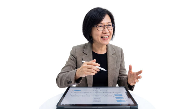 Professional Mature Asian Businesswoman Presenting Strategy Flowchart on Tablet Isolated