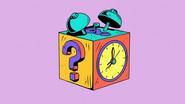 Cube Alarm Clock with Question Mark Concept for Time Uncertainty and Decision Making