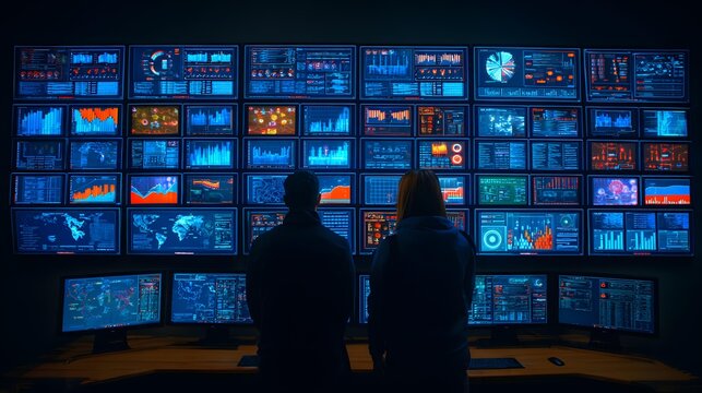 monitoring business metrics on multiple displays, high tech office atmosphere, information management concept